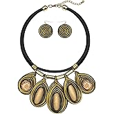 JHWZAIY Chunky African Jewelry Statement Necklace For Women Tribal Fashion Costume Earring Set Unique Rhinestone Crystal Gold Wire Wrapped Big Wood Pendent Collar Choker Bib Handmade