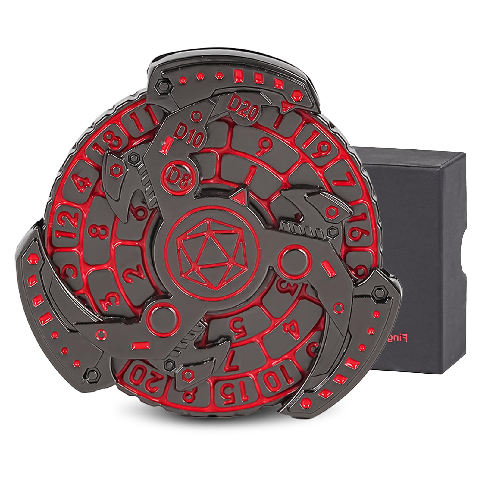 7-in-1 DND Dice Spinner Roulette Fingertip Gyro, Dungeons and Dragons Metal Dice Starter Set with Gift Box Spinning Games, Rotating Dice Set for RPG MTG Table Games (Black Nickel Red)