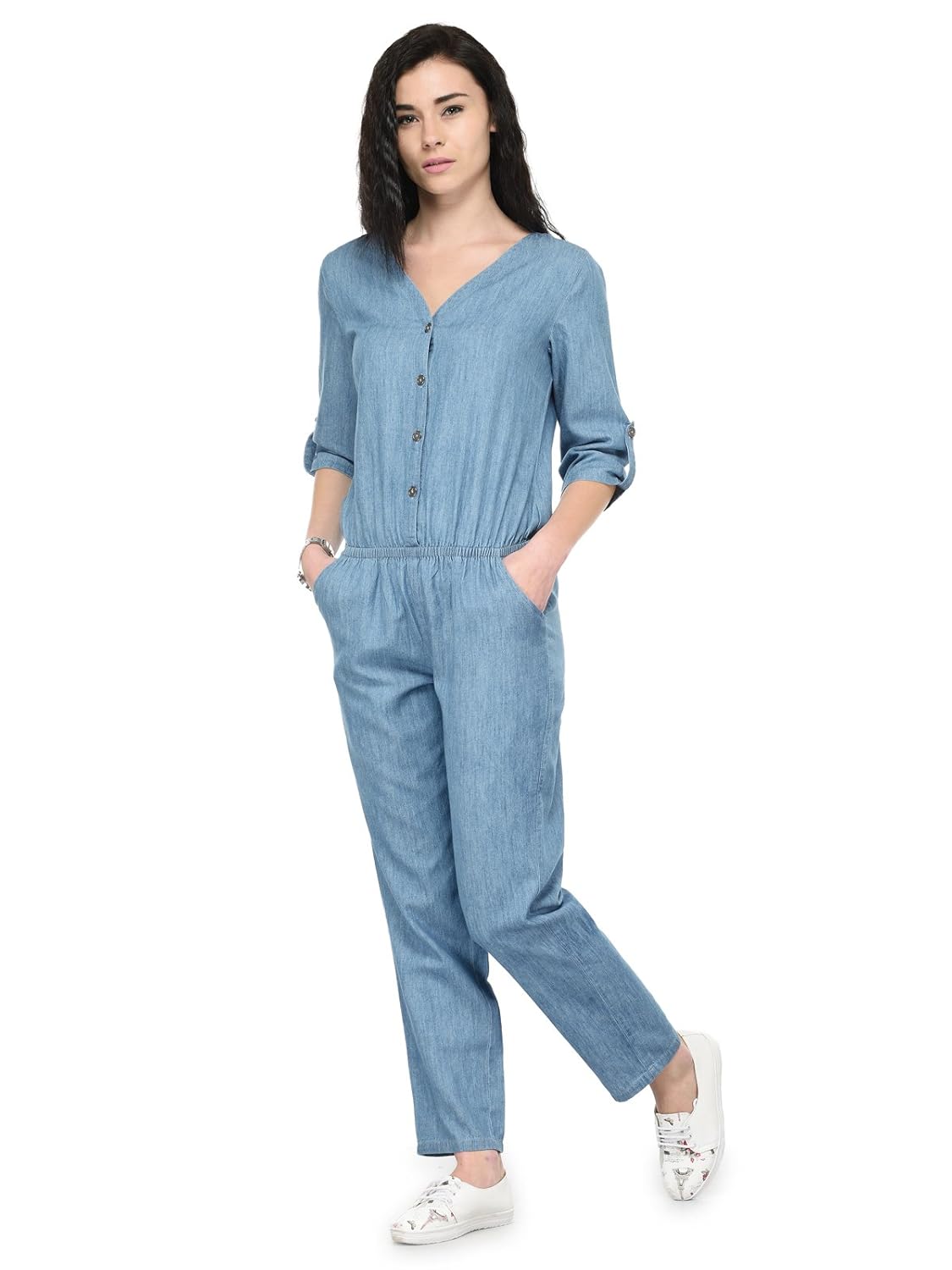 tunic nation women's blue ankle length denim jumpsuit
