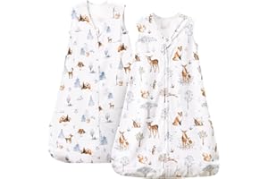PHF 100% Cotton Baby Sleep Sack, 2-Way Zipper Baby Wearable Blanket, 6-12 Months TOG 0.5 Toddler Sleeping Sack, 2 Pack Sleeveless Soft Sleeping Bags for Baby Boys Girls, Medium, Woodland