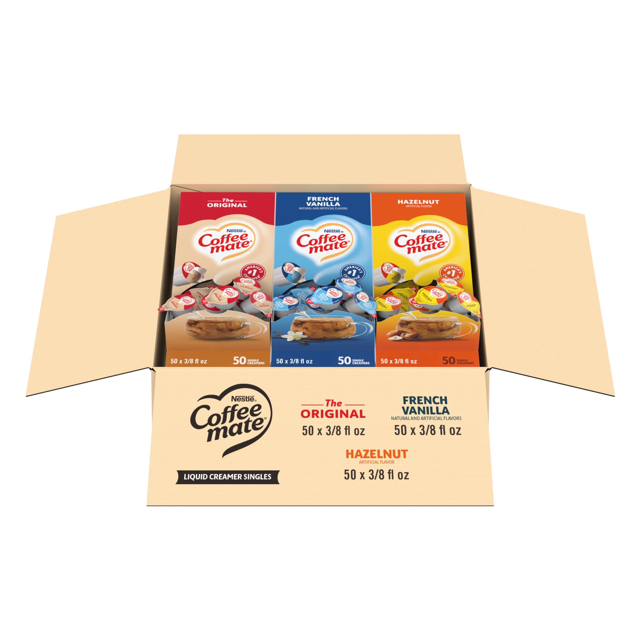 Photo 1 of Nestle Coffee mate Creamer Singles Variety Pack, Original, French Vanilla, Hazelnut, Non Dairy, No Refrigeration, 0.375 fl oz Tubs, 150 Count (Pack of 50 Per Flavor)