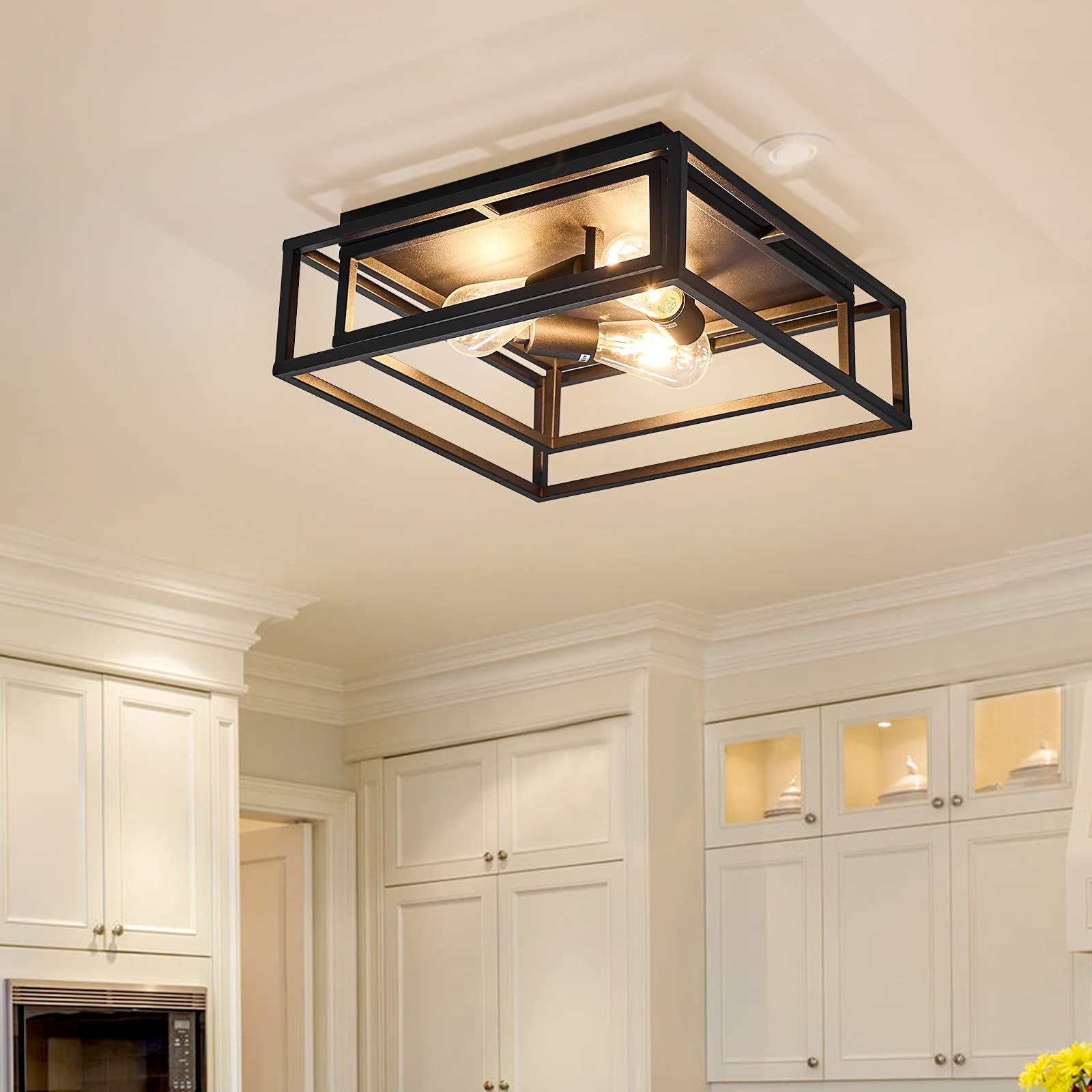 ZGLAOJT 4-Light Industrial Flush Mount Ceiling Light – Black, 18.89" Farmhouse Chandelier For Kitchen, Dining, Bedroom & Hallway