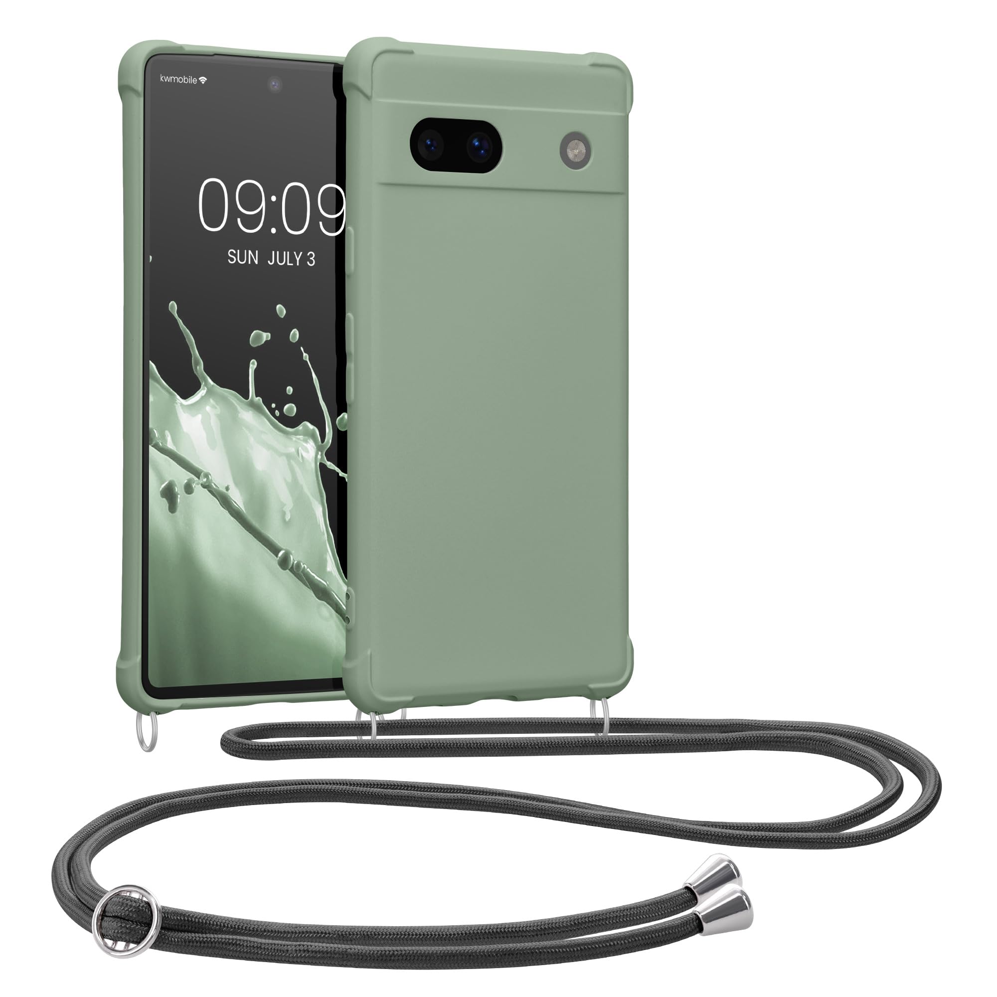 kwmobile Crossbody Case Compatible with Google Pixel 7a Case - TPU Silicone Cover with Strap - Gray Green — image 1