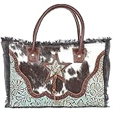 Myra Bag Cowgirl Purses for Women - Cowhide Bag with Leather Strap and Paisley Pattern, Cow Print Western Purses for Women