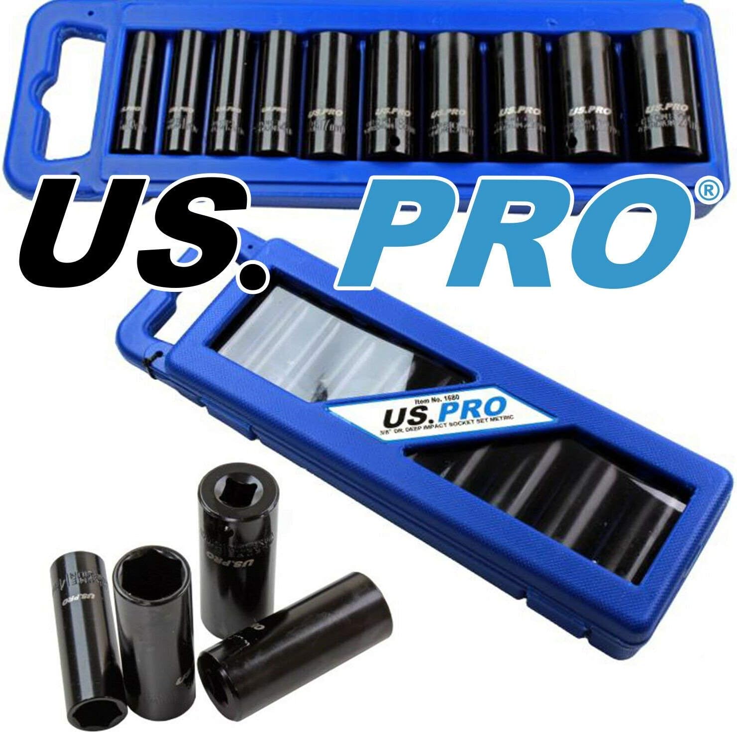 US PRO 10 Piece 3/8" Dr Deep Impact Metric Socket Set 10-24mm 1680, Blue, Variety Pack