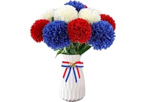 Hananona 12 Pcs Artificial Chrysanthemums Flowers Patriotic Flower, 4th of July Fake Mums Flowers Silk for Home Decor Indoor Memorial Day Table Centerpiece Vase not Included (12, Red, White, Blue)