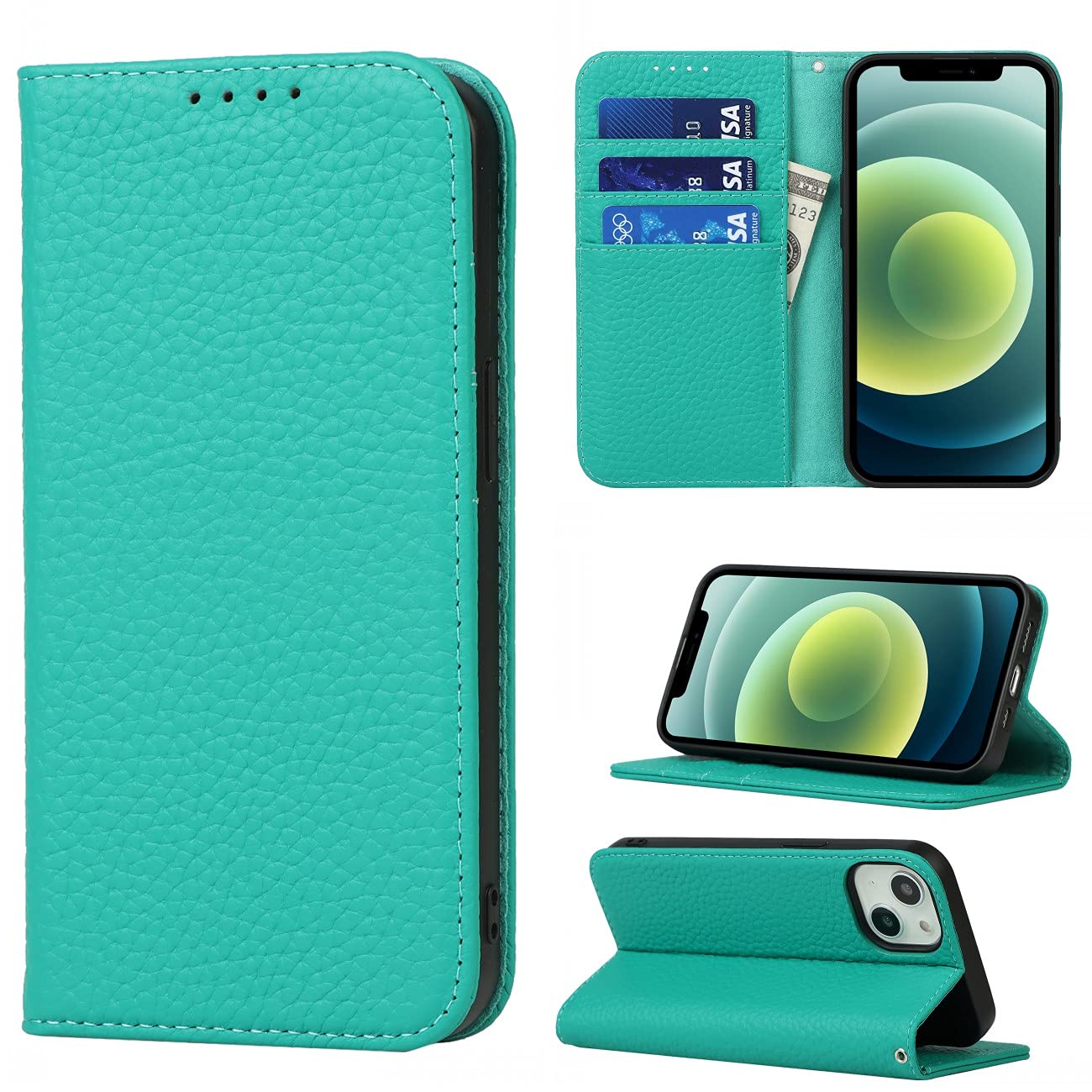 Copmob Phone Case iPhone 13,Flip Genuine Leather Wallet Case,[4 Slots][Magnetic closure][With Lanyard],Protective Cover Case for iPhone 13 - Sky Blue