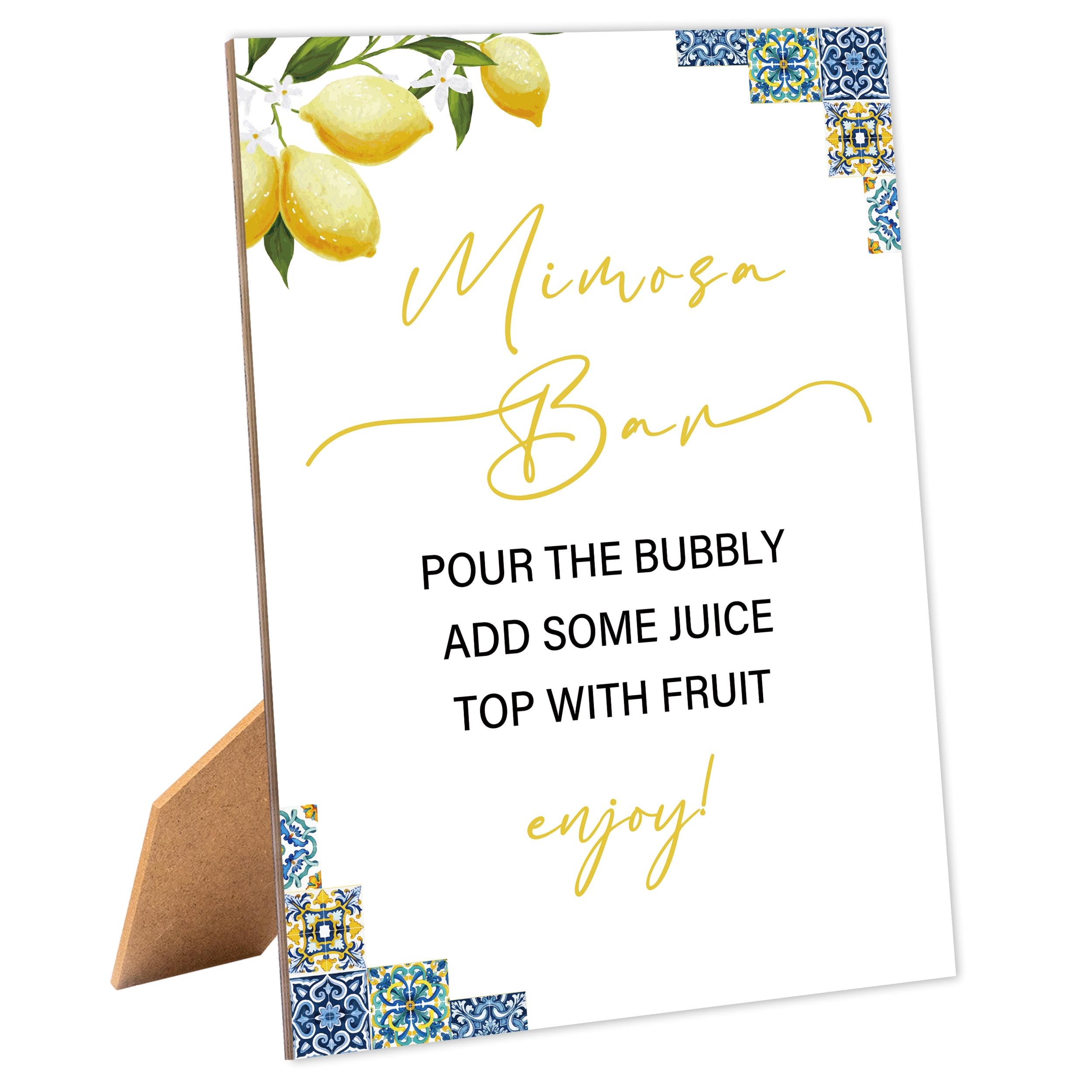 Photo 1 of Blue Tiles and Lemons Bridal Shower Mimosa Bar Sign, Table Decor Bridal Shower Sign, Pack of 1 Wooden Tabletop Sign with Stand, Bridal Shower Decorations, Wedding Shower Supplies - XG07AB