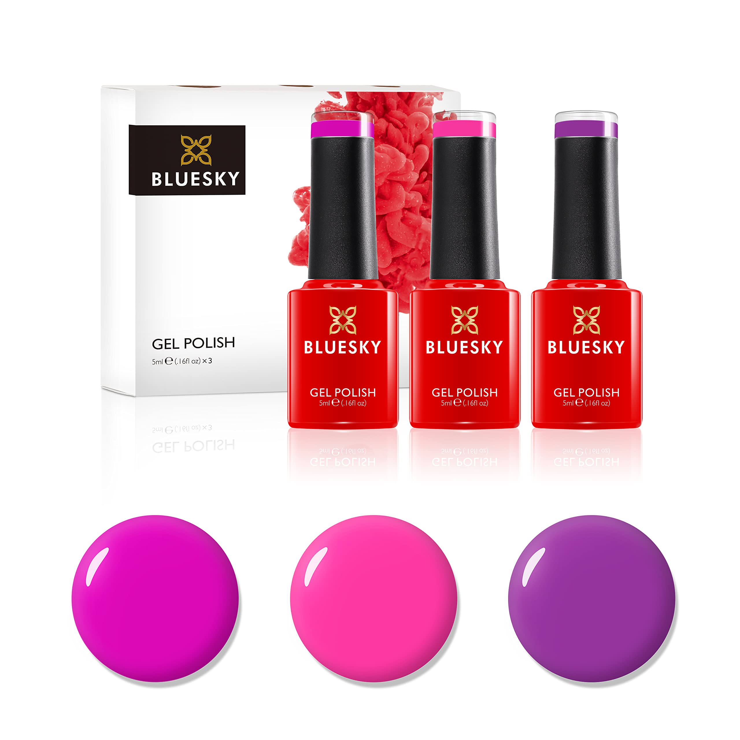 BLUESKY Gel Nail Polish Set, Party Pinks. Blackcurrant Neon13, Lollipop 63909, Cherise Neon06. 3 X 5Ml. Pink, Purple, Bright (Requires Curing Under Uv/Led Lamp) — image 1