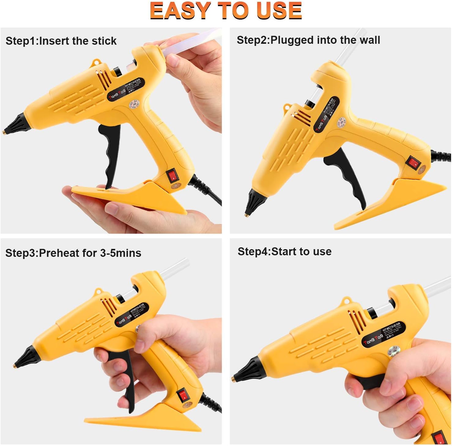 Hot Glue Gun, TangTag Full Size 60W Heavy Duty Hot Glue Gun with Replace Nozzle and 10Pcs Glue Sticks 11 200mm, with LED light Power Switch, for DIY, Arts & Crafts, Home and Office Quick Repairs - - 