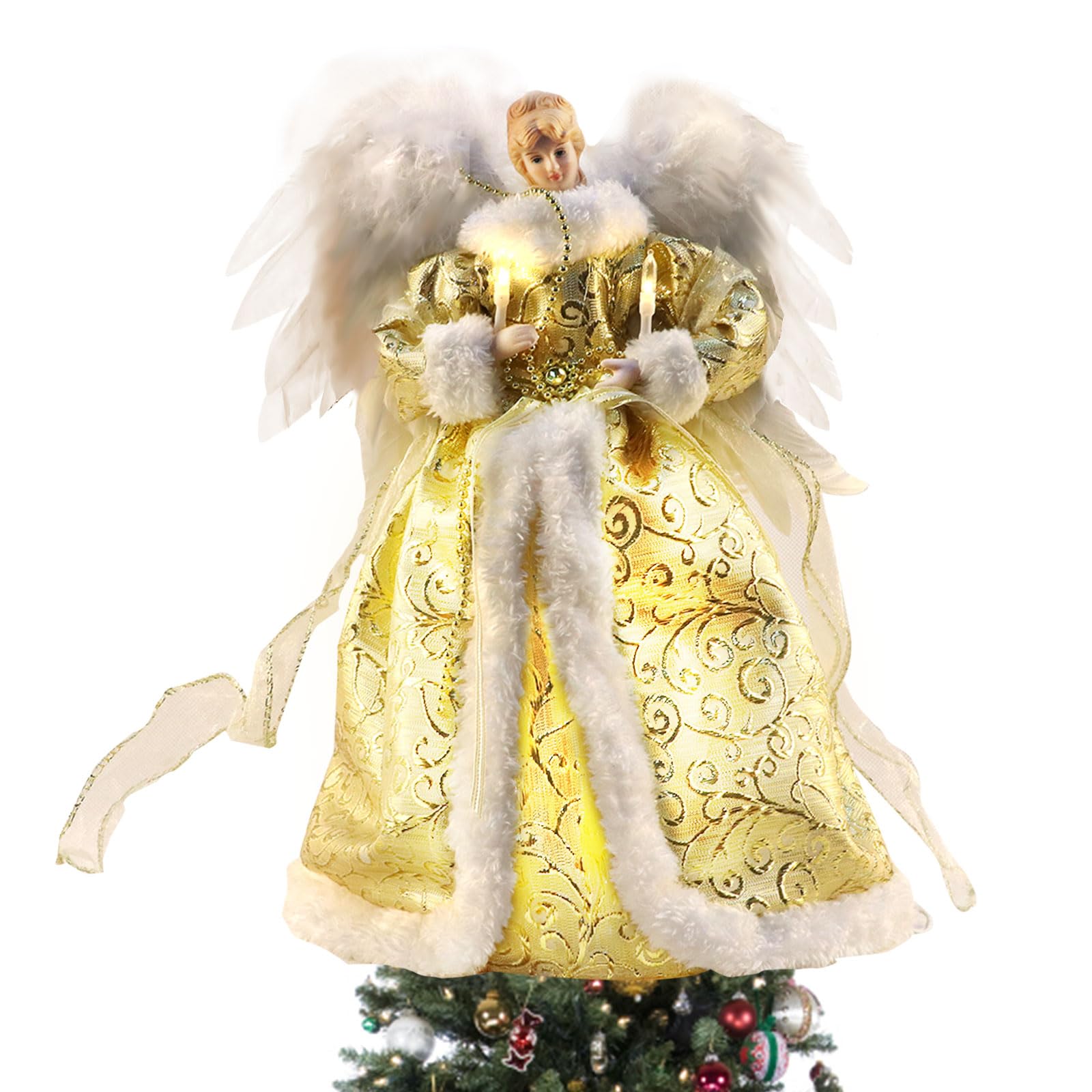 Les-Theresa 12.6In Angel Christmas Tree Topper, Christmas Tree Toppers Decorations Fabric Christmas Decorations Light Up Angel, Angel For Top Of Christmas Tree For Home Party Decorations (Gold)