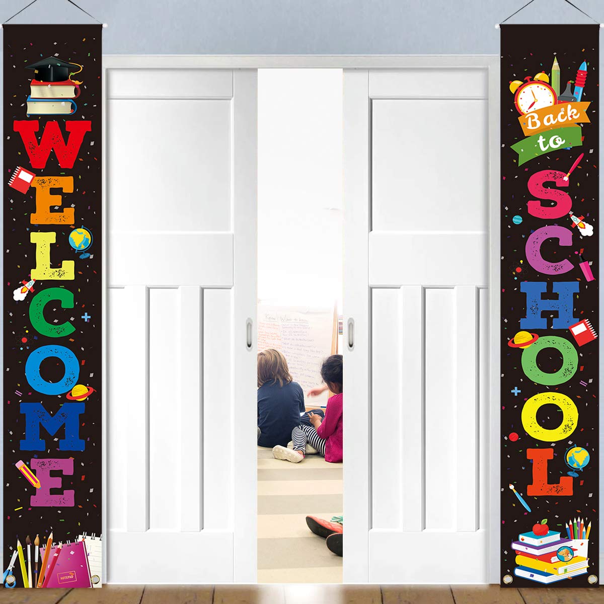 Photo 1 of LioNergy Back to School Banner Welcome Banner for First Day of School Hanging Fabric Banners Flags Sign Backdrop Décor Supplies for Pre-School Primary High School Classroom Decorations