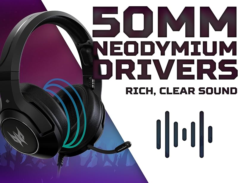 Predator Galea 350, Cuffie Gaming, con Cavo 3.5 mm Jack, Driver Audio 50 mm, Impedenza 32 ohm, Potenza nom 20mW, Fascia Regolabile, Microfono Retrattile Unidirezionale, Controllo Volume, Nero