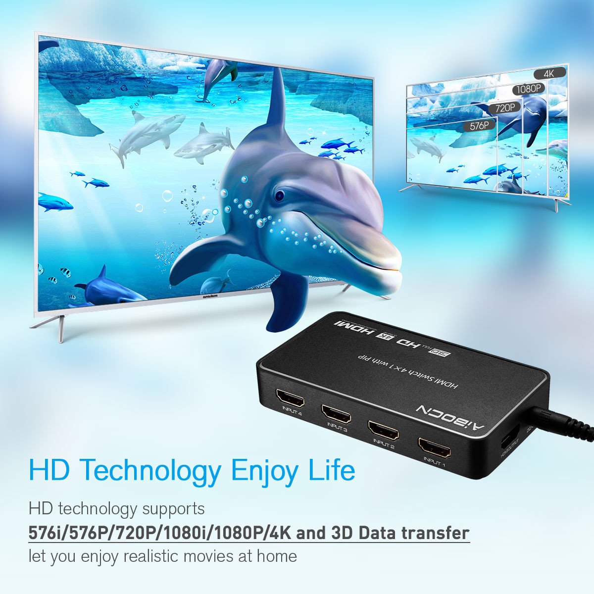 Aibocn HDMI Switch，Conmutador HDMI Switch 4 Entrada a 1 Salida Soporta 4K 3D y 1080P Adaptador para TV, BLU-Ray, Cable Box, PS3 PS4,Color Negro