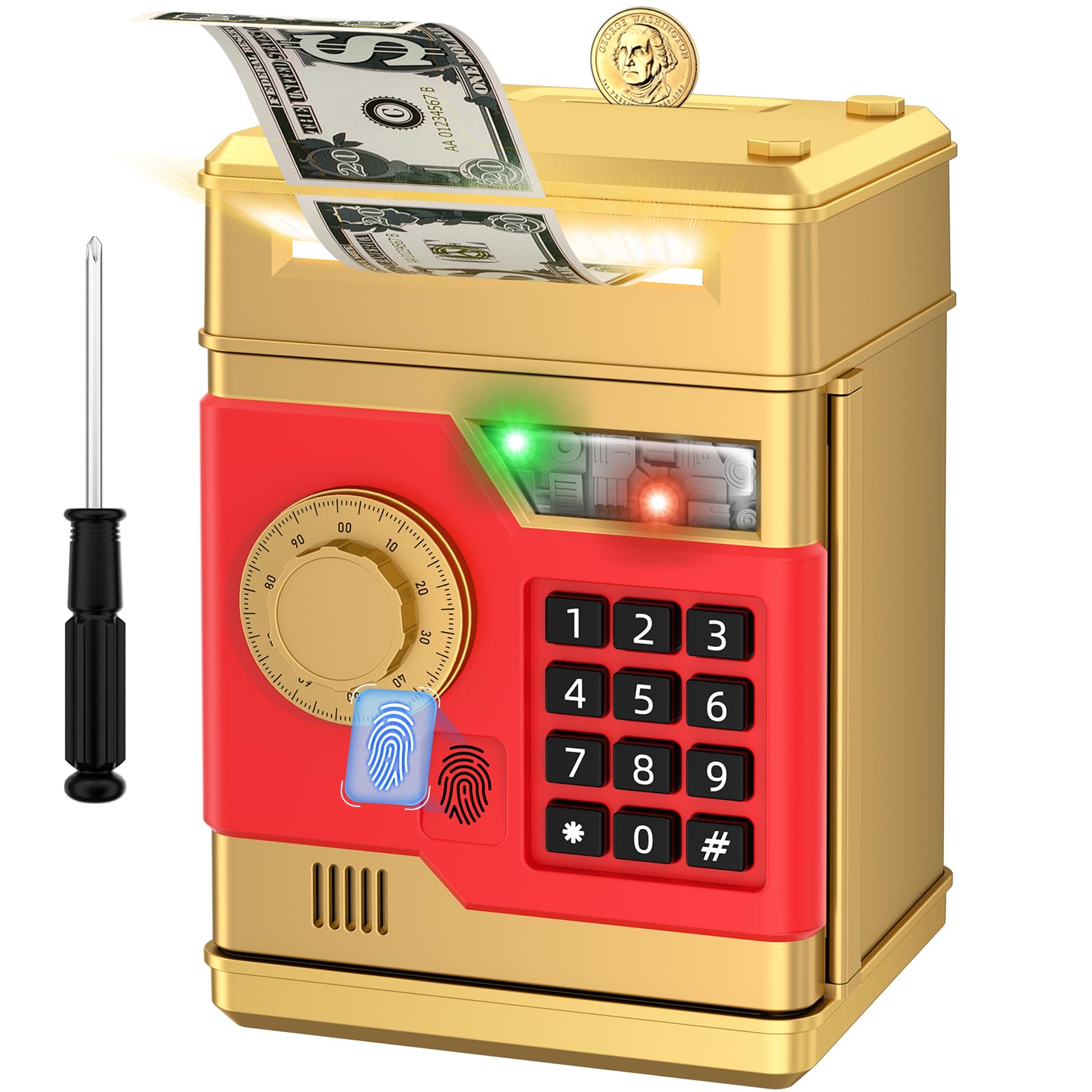Photo 1 of NAFEIV Piggy Bank, Automatic Electronic Piggy Bank for Kids Boys Girls with Password and Fingerprint Unlocking Simulation, Money Bank Kids Safe Toys for 3 4 5 6 7 8 9 10 Year Old Boy Girl (Gold)