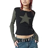 Women Vintage Star Pattern Stripes Patchwork T Shirts Long Sleeve Crew Neck Crop Top Casual Y2K 90s Streetwear