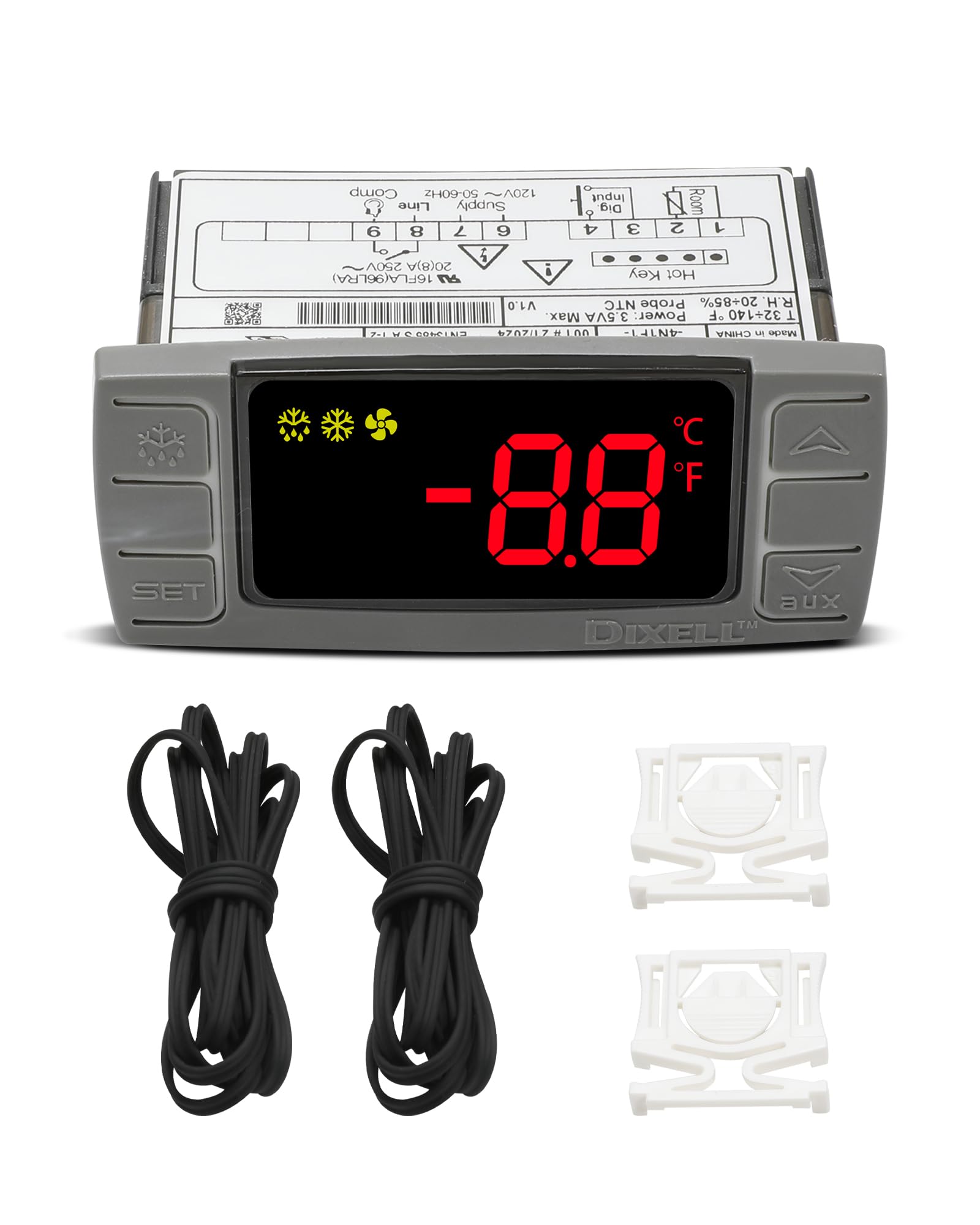 Photo 1 of for Dixell XR02CX-4N1F1 Temperature Controller, Replace for Dixell Temperature Controller Fit for 120V 50-60hz Commercial Refrigerators/Freezer, with Temperature Sensor Probes & Clasp