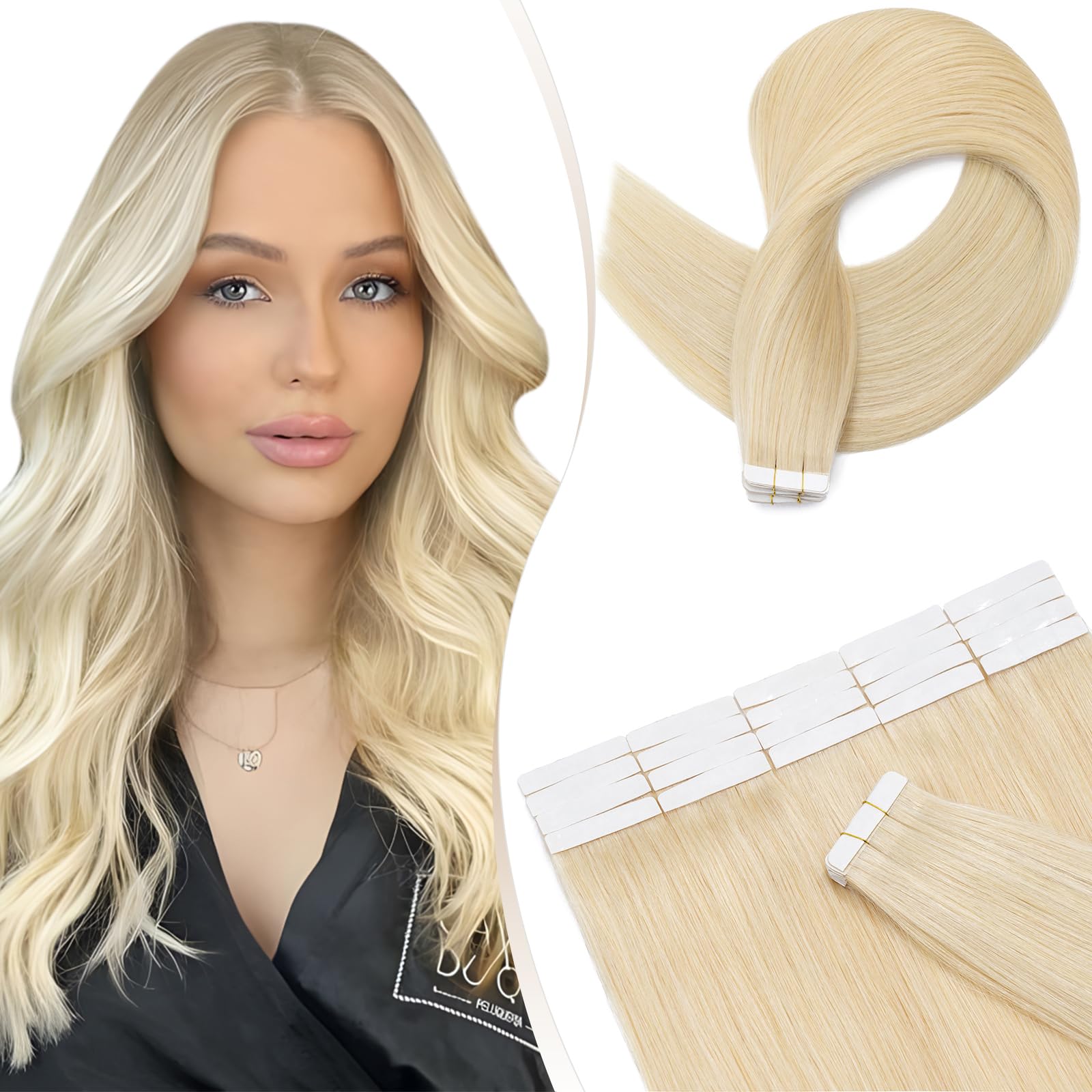 Elailite 20 Pcs Tape Hair Extensions Real Human Hair - Thin Type - Seamless Skin Weft Remy Hair Extension (#613 Bleach Blonde, 14 Inch)