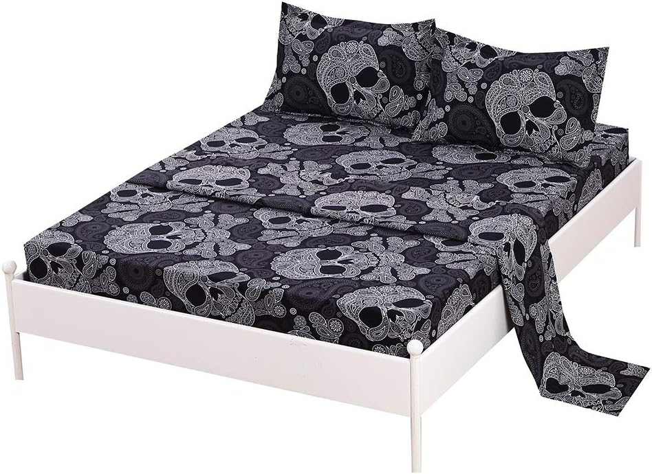SDIII Sugar Skull Bed Sheets Microfiber Skeleton Bedding Sheet Sets with Flat Sheet, Fitted Sheet and Pillowcase (Queen, Skull)