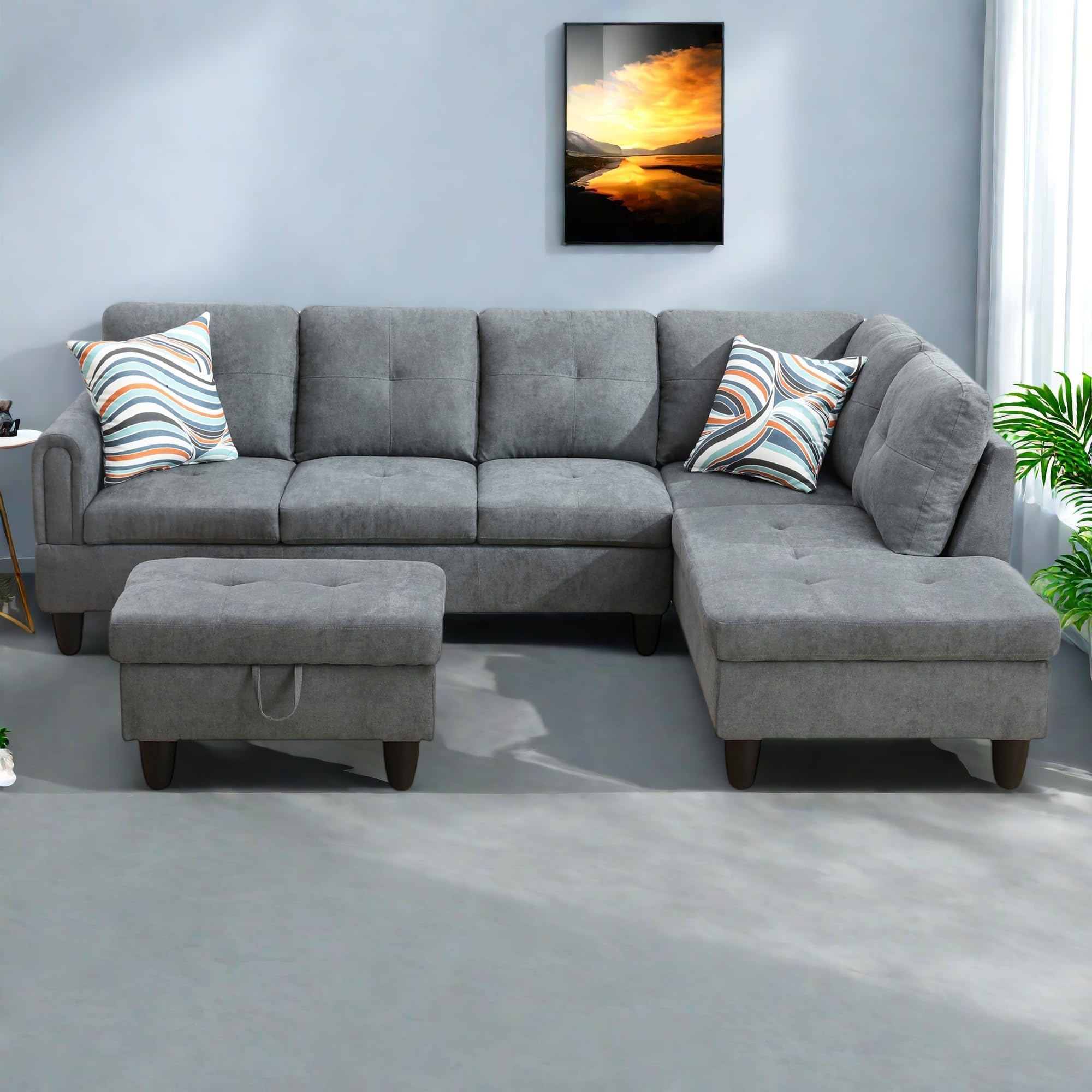 Photo 1 of *** LEFT SOFA ONLY ***GlasFlength L-Shaped Sectional Sofa with Ottoman, Right-Facing Modern Microfiber Couch for Living Room, Bedroom, Office, Gray-Blue