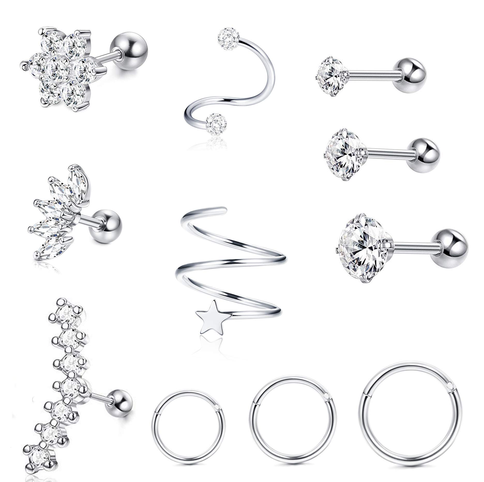 Milacolato 16-18G 11Pcs Stainless Steel Ear Cartilage Earrings Hoops for Women Girls Tragus Helix Conch Piercing CZ Barbell Stud