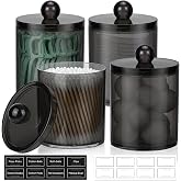 4 Pack Acrylic Qtip Holder Dispenser for Cotton Swabs, Balls, Floss Picks | Thick, Clear Black, w/ Labels - Small Canister Apothecary Jar Set, Bathroom Decor Essentials, Shelf Vanity Storage Organizer