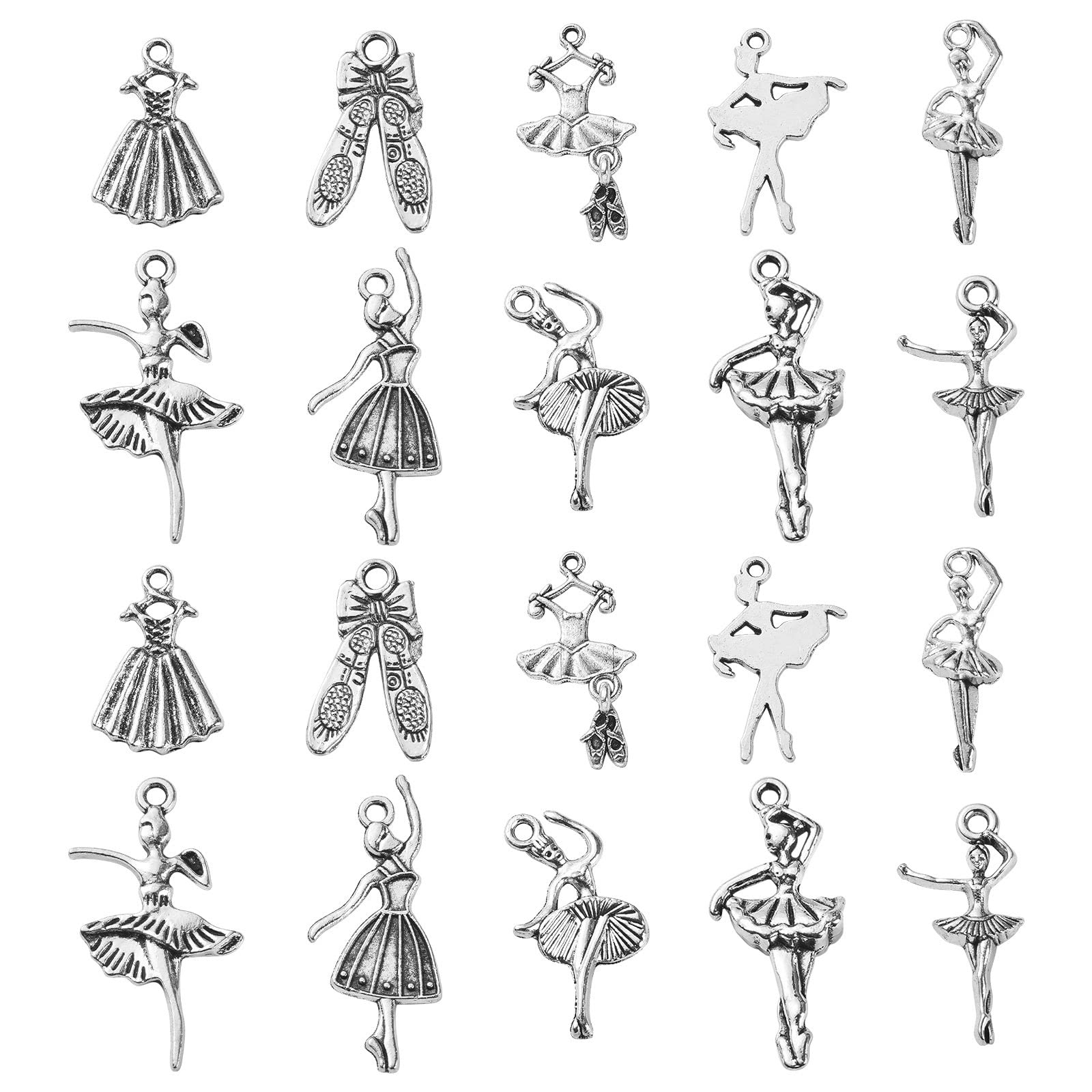 DanLingJewelry 100Pcs 10 Styles Antique Silver Ballet Dancer Charms for Jewelry Making Crafting