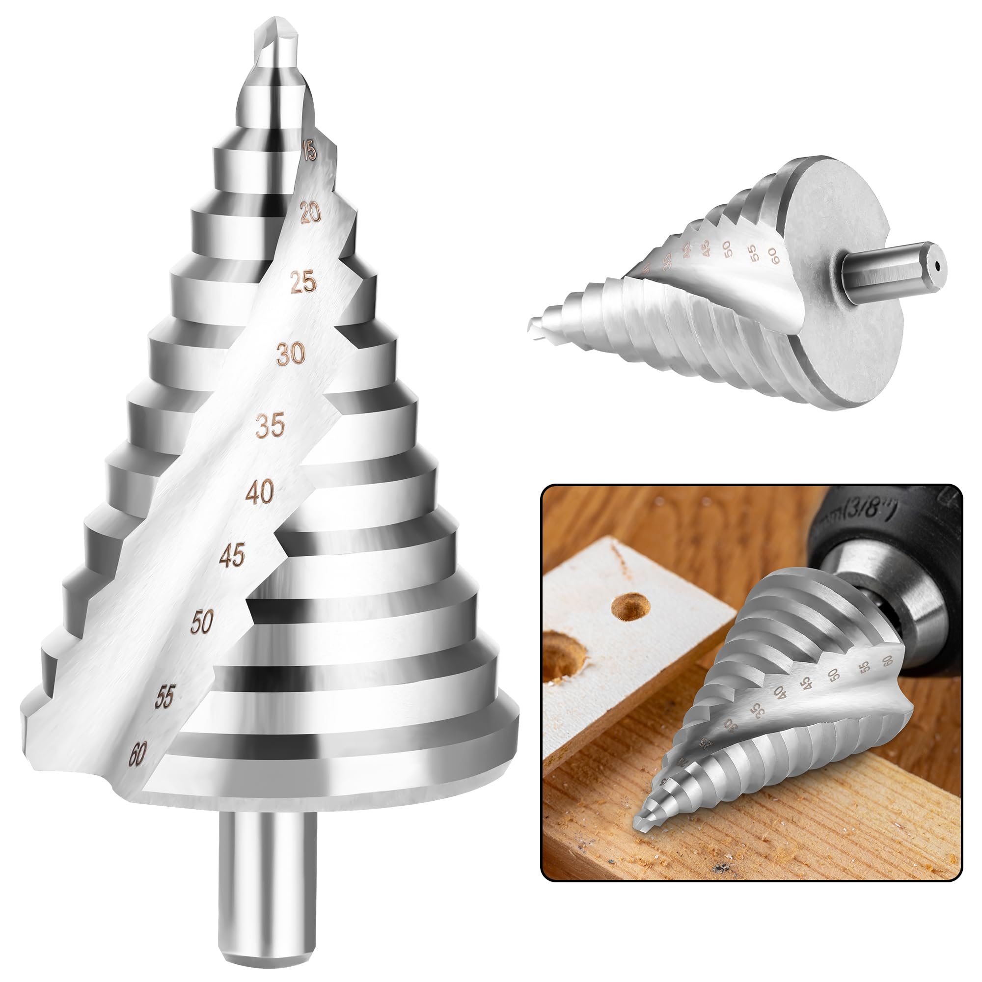 JIZZU Step Drill Bit 6mm to 60mm HSS Spiral, Spiral Grooved Step Drill Bit Triangle Conical Titanium Coated Double Slot Cone for cutting boards, plastics - Robust, High Temperature Resistant