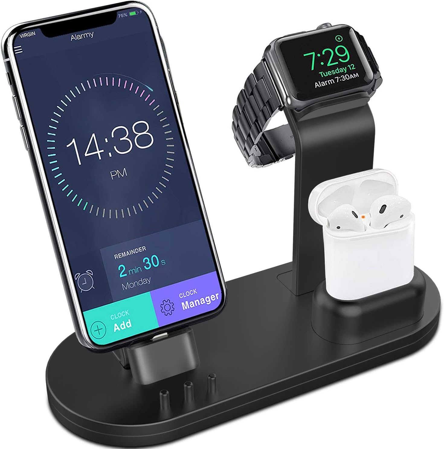 Yestan 3 in 1 Charging Stand Compatible for iWatch Series 4/3/2/1, AirPods and iPhone Xs/X Max/XR/X/8/8Plus/7/7 Plus /6S /6S Plus/9.7 inches iPad (Original Charger & Cables Required) -Black