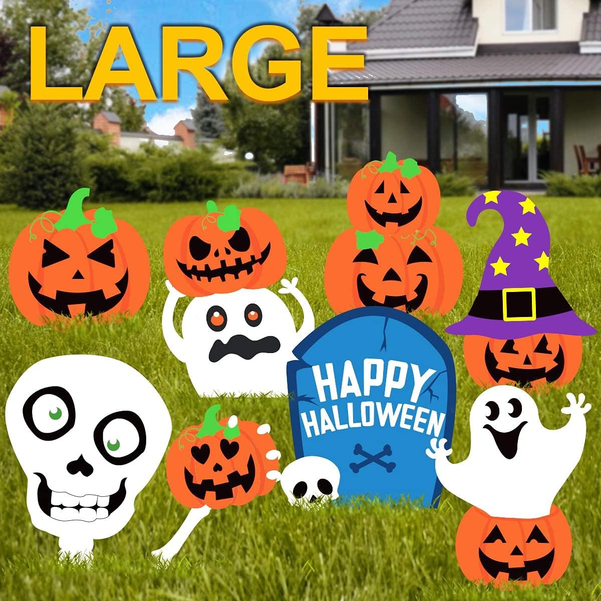 Yard Signs - Pawliss Halloween Decorations Outdoor Cute, Extra Large 8ct Pumpkins Skeleton and Ghost Yard Signs with Stakes, Kids Friendly Trick or Treat Party Decor, Corrugated Plastic Fall Decorations Outside