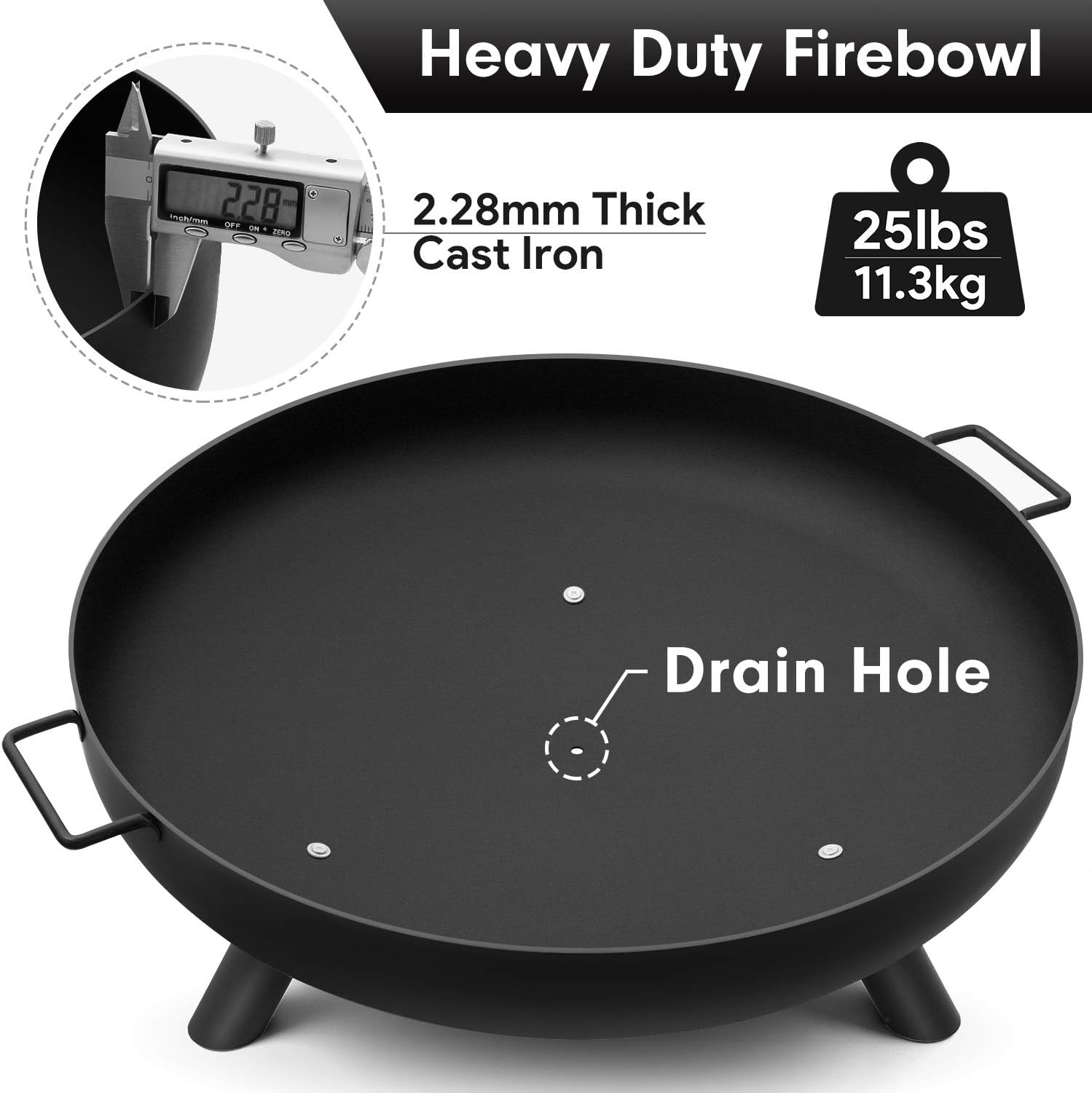 Amagabeli Fire Pit Outdoor Wood Burning Fire Bowl 30in with A Drain Hole Fireplace Extra Deep Large Round Cast Iron Outside Backyard Deck Camping Beach Heavy Duty Metal Grate Rustproof Black : Garden & Outdoor