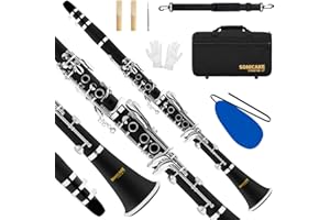 SONICAKE B Flat Clarinet for Beginner, Ebonite Clarinet Nickel-plated with 2 Barrels, Original flute head, Reeds, White Glove