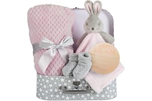 HOOLAROO Baby Girl Gift Set New Born Baby Gift Baby Pink Bunny Security Blanket Soft Fleece, Suitcase Keepsake Box Blanket Booties & Baby Gift Basket – Unique Present Baby Shower & Newborn Lovey Welcome