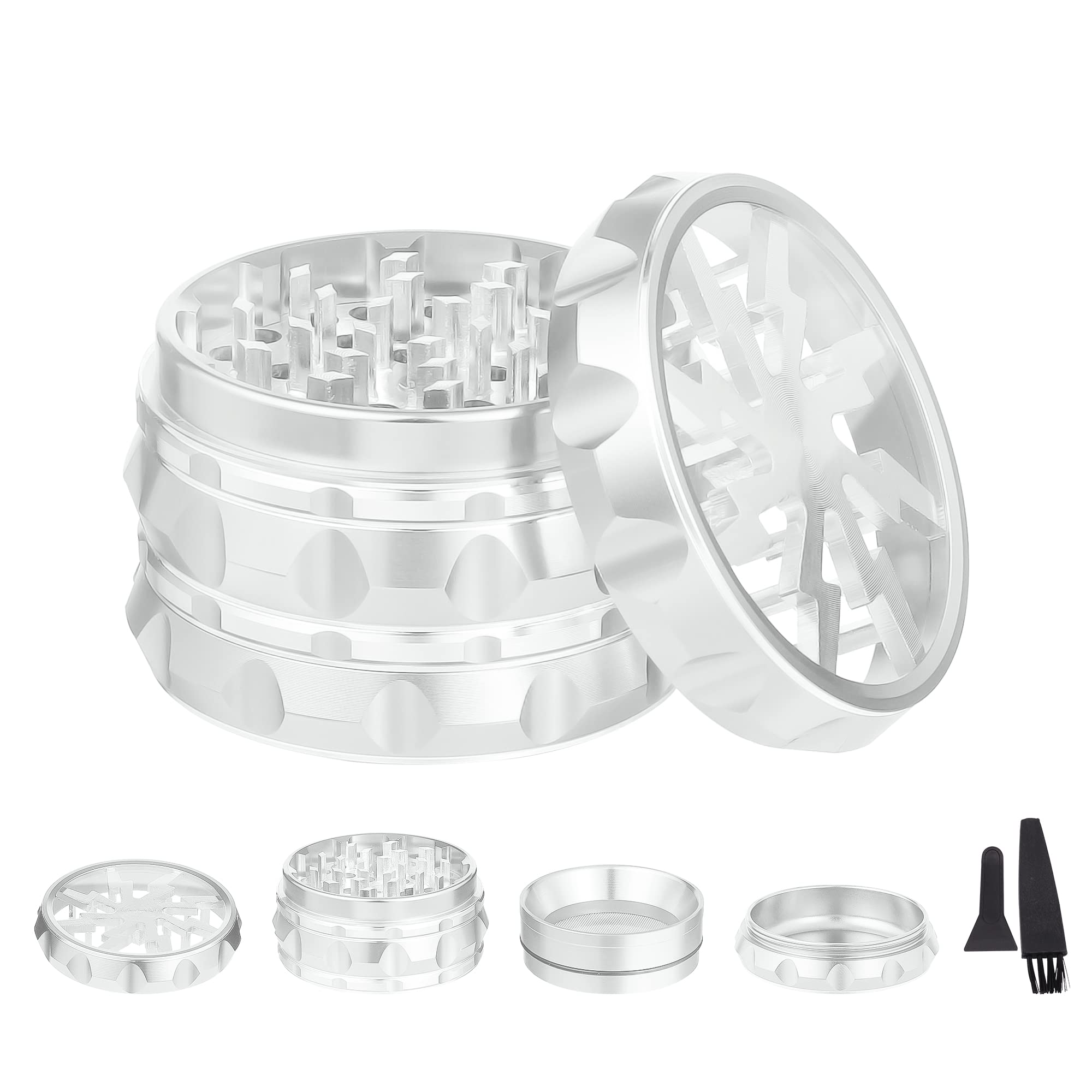 TIRIRS 2.5" 4 Pieces Clear Top Herb Grinder - Aluminium Spice Grinder with Pollen Scraper and Cleaning Brush - Silver. — image 1