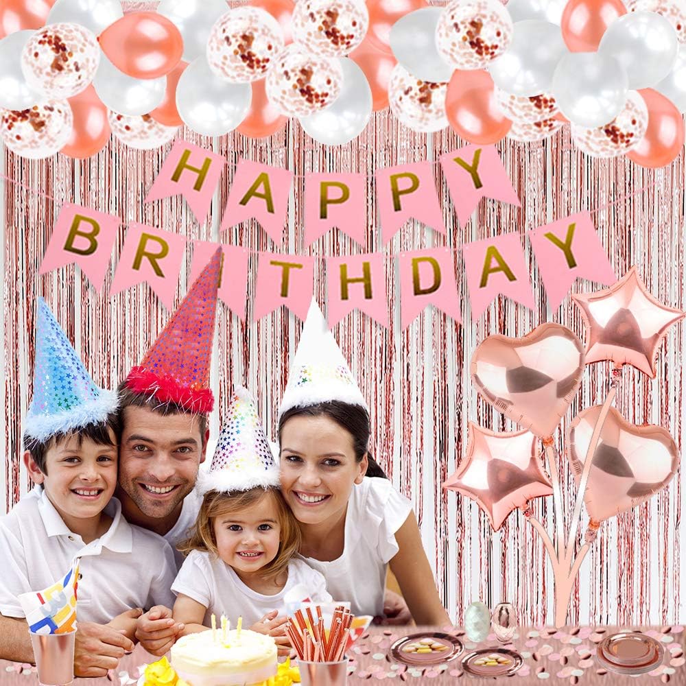 Rose Gold Birthday Party Decorations, Rose Gold Party Decorations Set for Girls Or Women, Happy Birthday Banner, Curtains, Table Runner, Balloons, Plates, Cups, Tissue for 24 Guest by JSN Party: Health & Personal Care