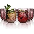 Glass Cups, Vintage Glassware Drinking Glass Set of 6, 12oz Colored Glassware with Sunflower Design, Embossed Floral Decorative Glasses Drinking Set for Cocktail, Wine, Vintage Drinking Glasses (Pink)
