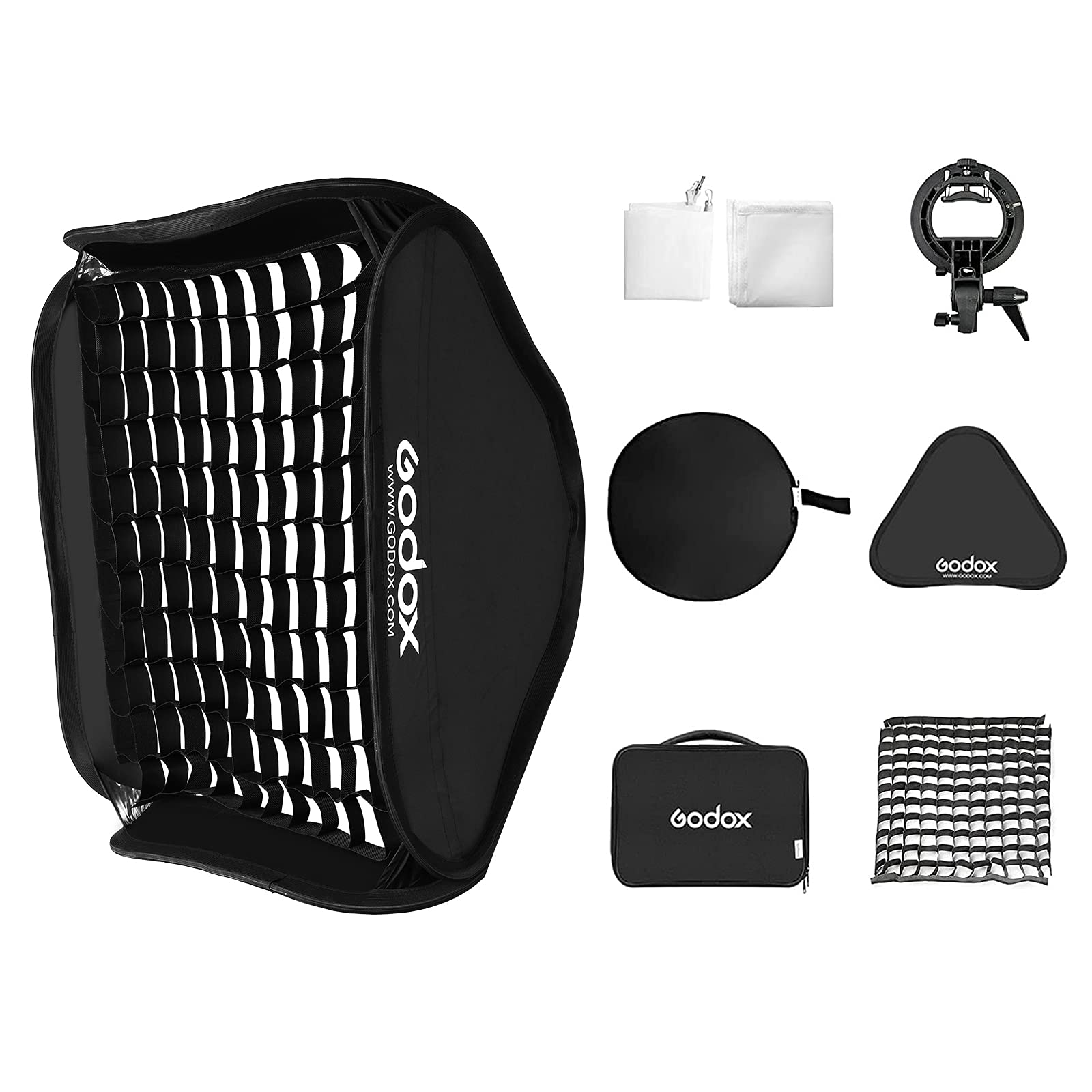 Godox S-Type Bracket Bowens Holder with 80x80cm /32x32 inches Softbox and Honeycomb Grid & Bag Kit for Camera Flash