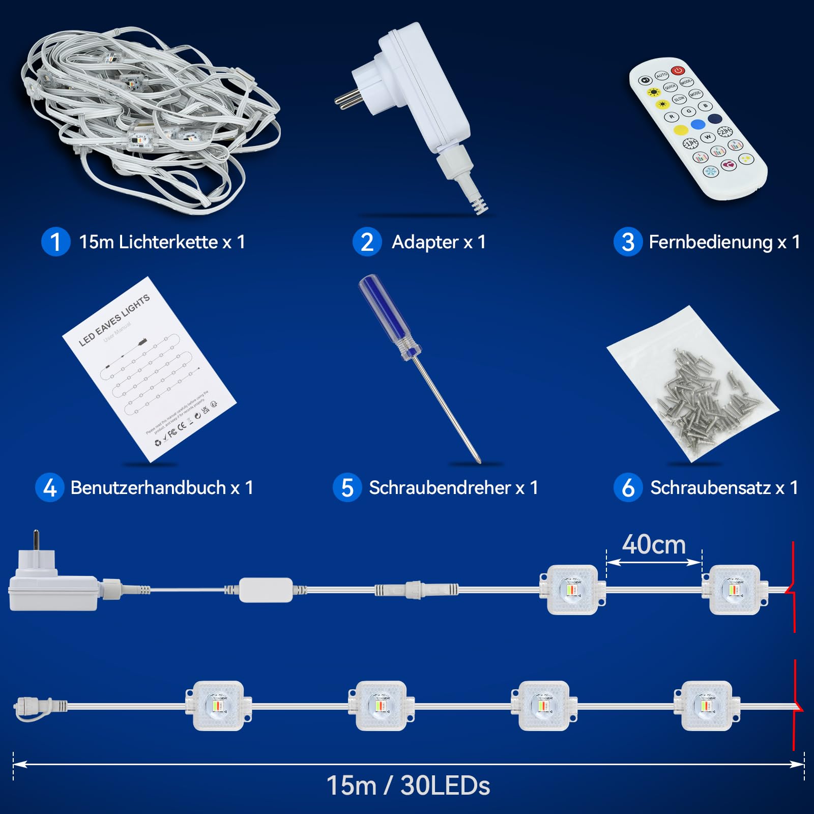 AVANLO Permanente Lichterkette Außen, 15M 30 LEDs RGBIC Outdoor Lichterkette Strom, Multimodus, APP & Fernsteuerung, IP65 Wasserdicht Trauflichter für Traufe, Dach, Balkon, Party Deko 7