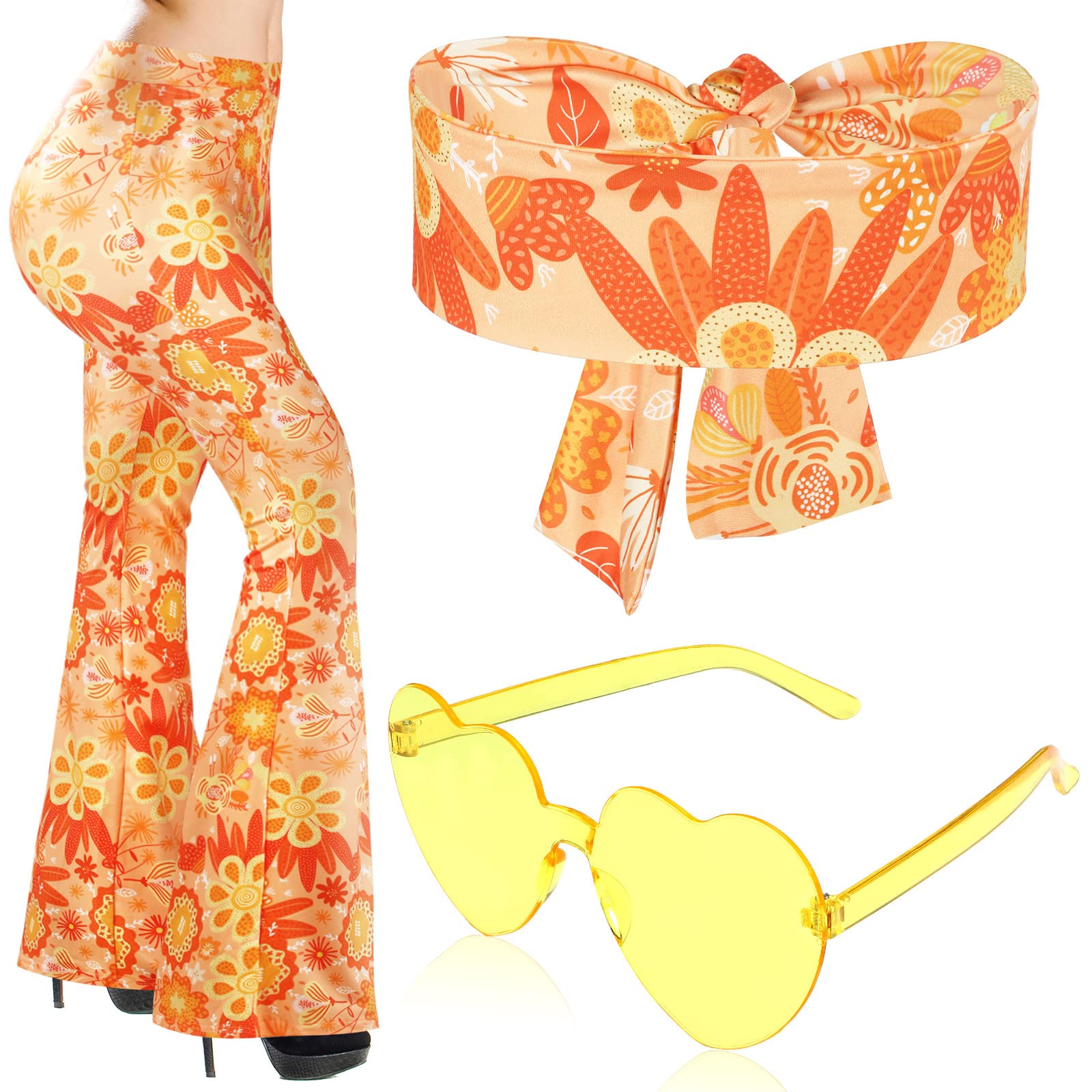 Photo 1 of Tisancy 3 Pcs 60s 70s Outfit for Women Hippie Costume Set Disco Flared Pants Groovy Outfit Party Accessories(M Size, Sunflower)
