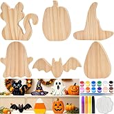 Halloween Wooden Painting Kit, 6 DIY Paintable Wood Cutouts Ornaments | Unfinished Wood Craft Shapes, Pumpkin, Ghost, Witch Hat, Bat, Cat & Candy Corn for Tiered Tray Display, Party, Home Decor