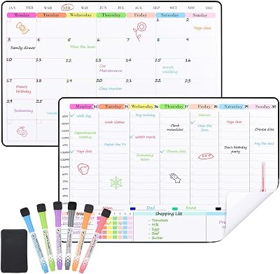 POPRUN 2 Pack A3 Whiteboard Fridge Wall Planner Weekly Monthly Organiser