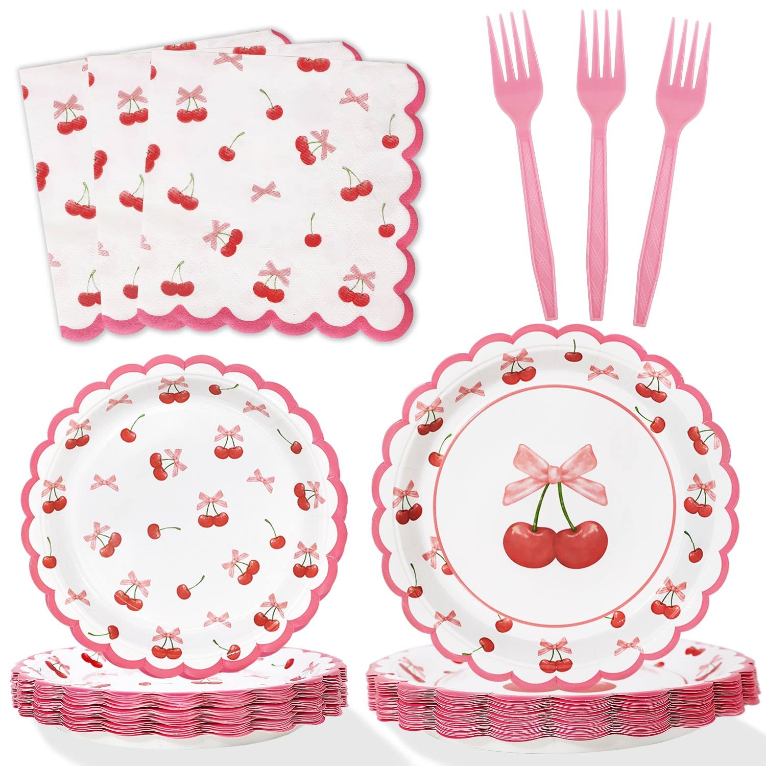 Photo 1 of 100pcs Cherry Birthday Decorations Plates Set, Cherry Themed Party Decorations Plates Napkins Forks for 25 Guests