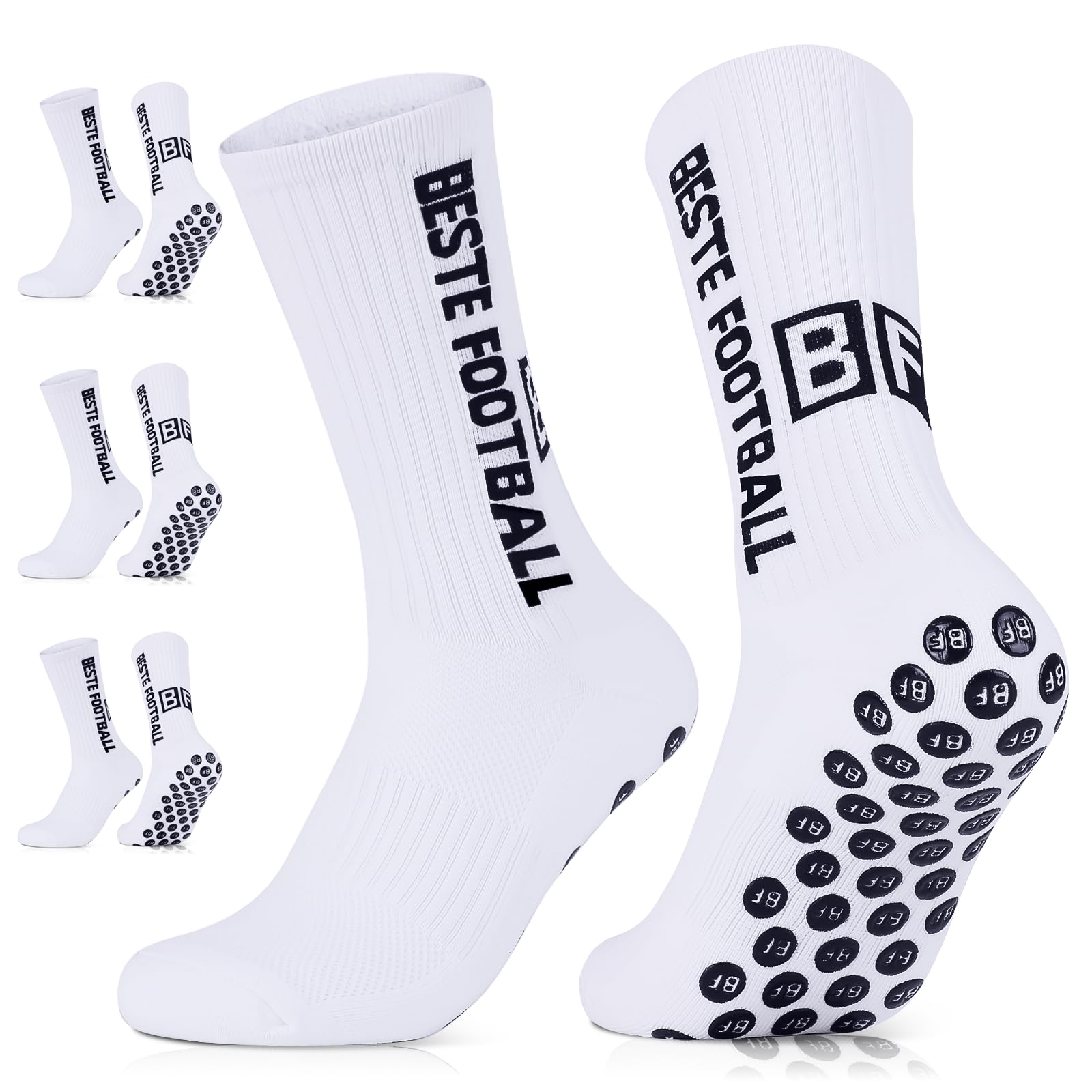 BESTE FOOTBALL Grip Socken Fussball 3 Paar 43-46 Football Socks für Herren Damen und Kinder, Anti Rutsch Fußball Socken, Fußballsocken für Sport, Yoga, Tennis, Basketball, Weiß