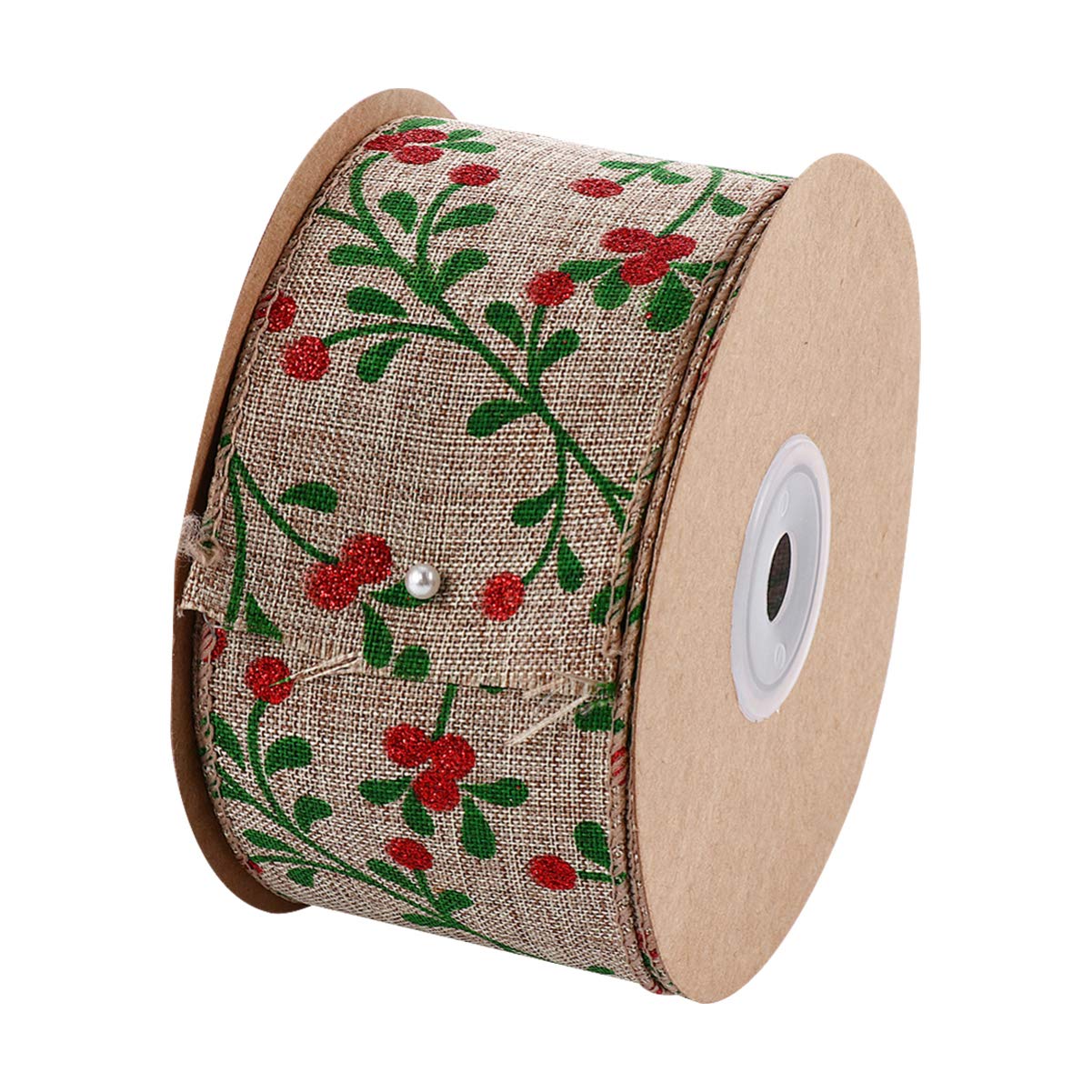 1 Roll 10m Christmas Wired Ribbon, Wide Christmas Ribbons for Bows Making, Holly Glitter Berries Autumn Tree Wreath Ribbon for Crafts Wedding Home Present Wrapping Decorations