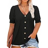 Beautife Womens Plus Size Tunic Tops V Neck Short Puff Sleeve Tops Casual Summer Eyelet Blouses