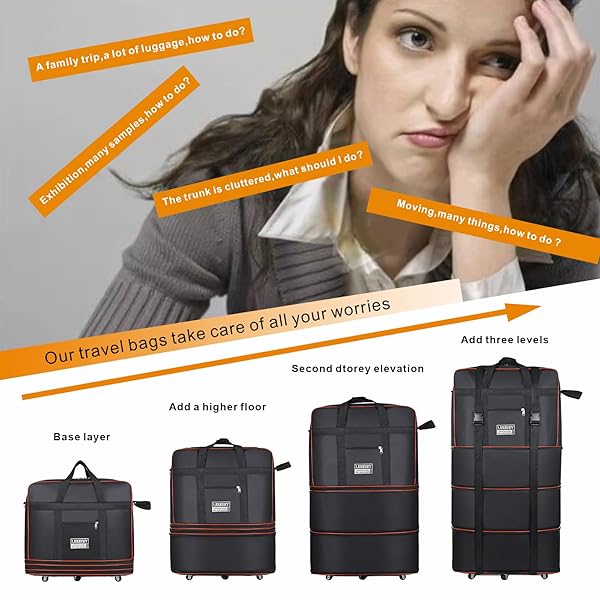 EXPANDABLE LARGE CAPACITY TRAVEL BAG OXFORD CLOTH DUFFEL BAG WITH WHEELS LIGHTWEIGHT WATERPROOF TRAVEL FOLDABLE SUITCASE(BLACK)