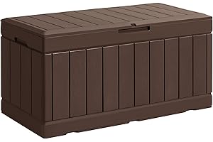 GUNJI 85 Gallon Deck Box Outdoor Waterproof Large Resin Storage Box Patio Lockable Storage Container Porch Storage Bench (Brown)