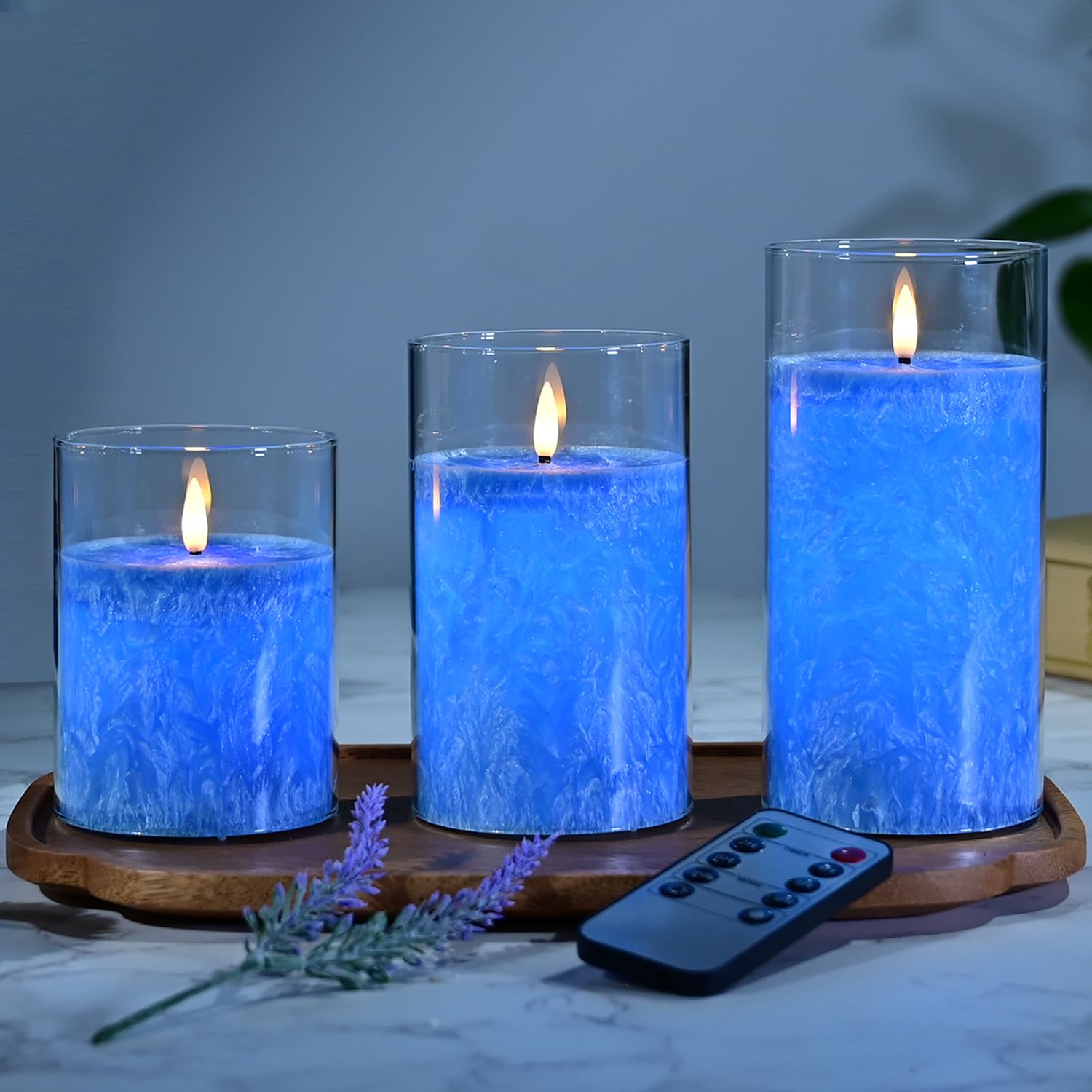 MozkeTo19 Blue Glass Real Wax Flameless Candles Flickering, with Remote & Timer - Fake Candles Flickering Light, Battery Operated LED Pillar Candles
