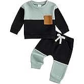 Kupretty Toddler Baby Boy Fall Winter Clothes Color Block Waffle Outfit Sweatshirt Pullovers + Pants Set 6 12 18 24 Months