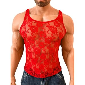 EHSUYAB Men Sexy Lace Tank Top, Sheer Mesh Shirt Sissy Clothes | Full Floral Print, Racerback, Crew Neck, Exotic Outfit For C